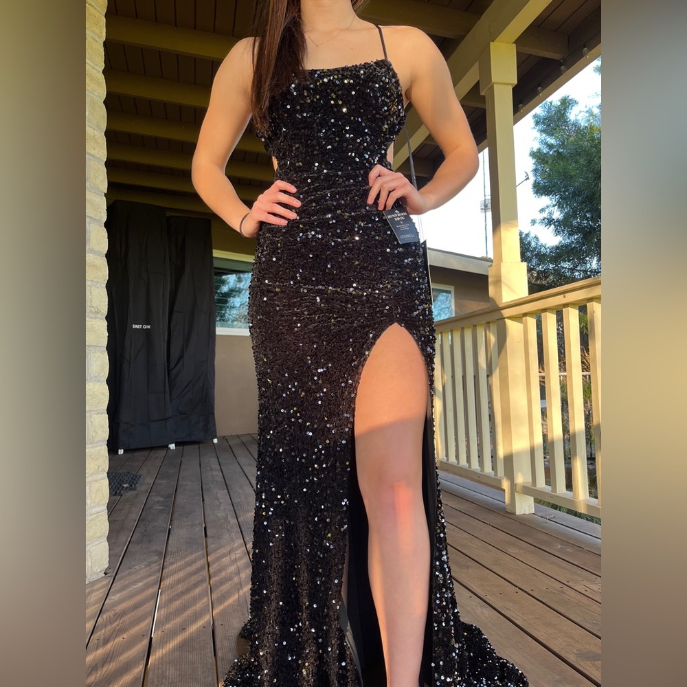 Cinderella Divine, black sequined prom dress, style #HT168